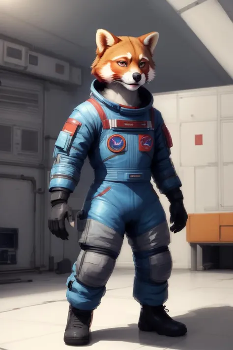 red panda in a space suit, pants, thighs