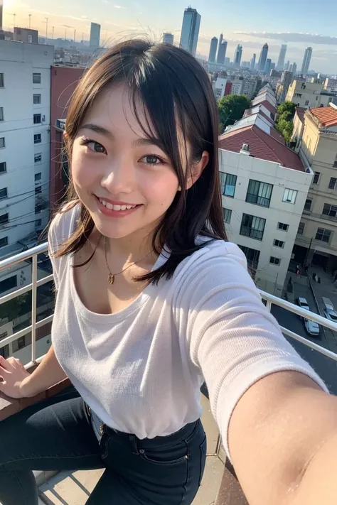 a close up of a woman taking a selfie on a balcony