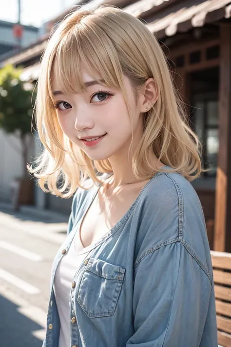 a close up of a woman with blonde hair and a denim shirt