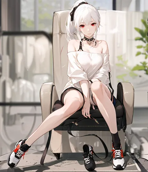 best quality,high res,1girl, solo,sitting,realistic,tall female,long legs,
jk,ponytail,white hair,red eyes,expressionless,off sh...