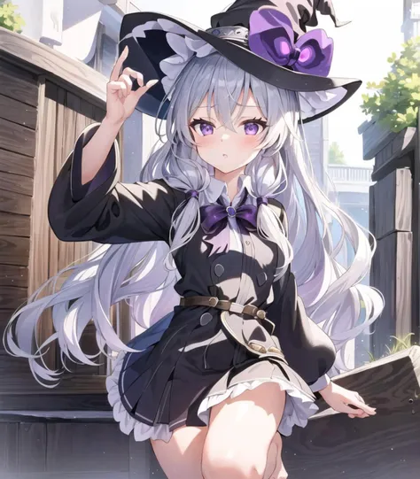 masterpiece, best quality, 1girl,  elaina, silver hair, purple eyes, long hair, hat, ti-emb_elaina