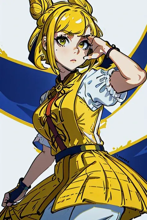 1girl, Mayumi Joutouguu, yellow hair, bob cut, two hair buns held by a white cloth, yellow lamellar armor, short white sleeves, white pants, yellow skirt,  <lyco:MayumiTHManyV1 - Mayumi Joutouguu, yellow eyes, yellow hair, bob cut, two hair buns held by a ...