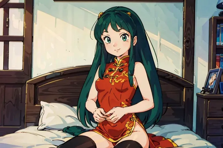 nsfw,masterpiece, best quality, 1girl  ,<lora:EdobUruseiYatsura1981_v3.0:0.67>,green hairs, smooth light, smile, happy,chinese red dress, on bed,stocking pull,legwear, <lora:conceptLoraStockingPull_v20:0.65>