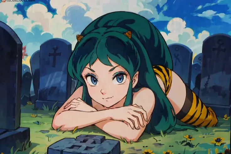 nsfw,masterpiece, best quality,solo, long hair, blue eyes, green hair, horns, <lora:EdobUruseiYatsura1981_v4.0:0.8>,evil_smile,  looking_at_viewer, (secluded graveyard:1.2), BIKINI TIGER PRINT