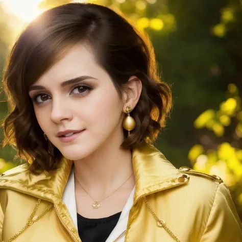 closeup picture, best quality, a 25yo beautiful EW<lora:EW:1.0>, short hair, looking at viewer, brown hair, closed mouth, forest st sunset background, jeand and jacket, golden pendant, earrings, realistic, 8k, hdr