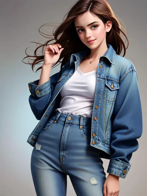 Realistic photo of a beautiful 3mm4w-v2 woman,  1girl, solo, looking at viewer, smile, simple background, brown hair, brown eyes, jacket, open clothes, pants, lips, denim, jeans, realistic, unbuttoned, blue pants, hand on own chin, denim jacket, soft light...