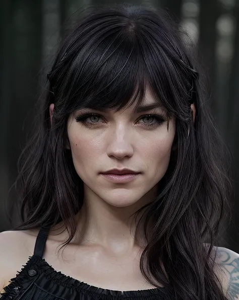 beautiful woman (Koh_MelanieScrofano:.99), ((black dyed hair,( bangs over eye) emo hair:1.2), ((heavy dark emo makeup:1.3))), (many tattoos, tattoo sleeves), (Emo babe:1.3), elegant, (wearing plaid short skirt) , hair blowing in wind, wind lift, natural sk...