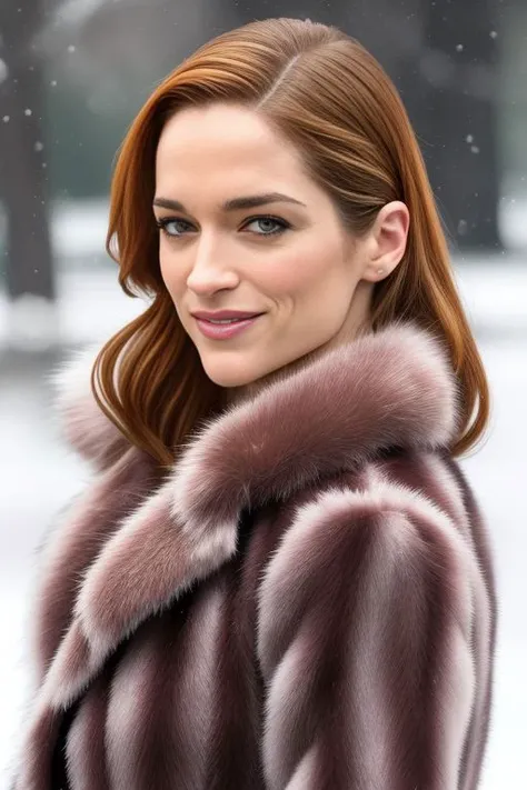 Picture, best quality, snowflakes falling, a woman in central park in winter, photo of Koh_MelanieScrofano, wearing fur coat, winter coat, snowfall, dim lighting, low lighting, dramatic, looking at viewer, perfect face, perfect eyes, sharp focus, trending ...