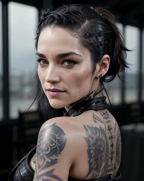 beautiful woman (Koh_MelanieScrofano:.99), ((black dyed hair,( shaved sides:1.2), ponytail)), ((heavy black makeup:1.3)), (many tattoos, tattoo sleeves, biker babe:1.3), elegant, (wearing leather) , hair blowing in wind, wind lift, natural skin texture, (o...