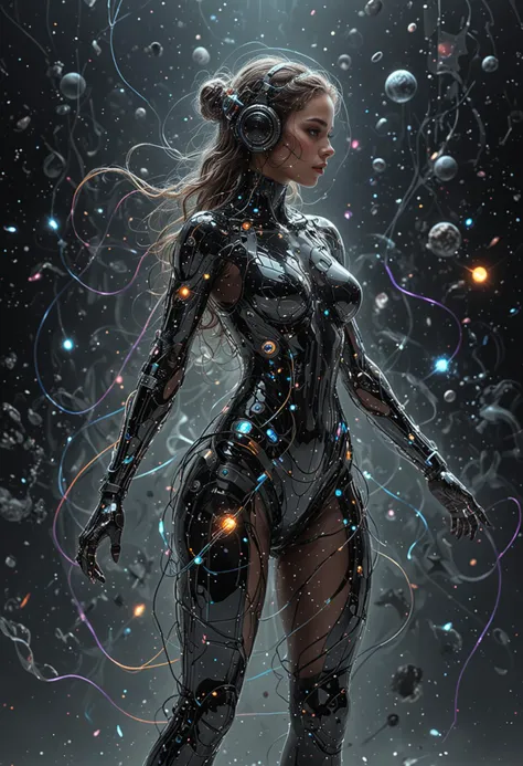 a woman in a futuristic suit standing in front of a space background