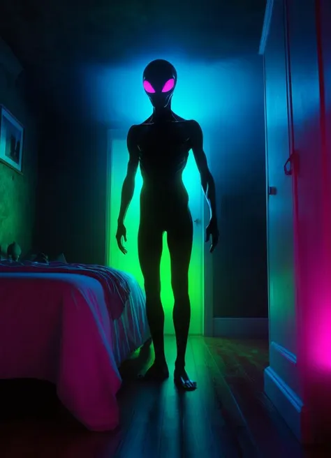 arafed alien standing in a dark room with a bed and a neon light