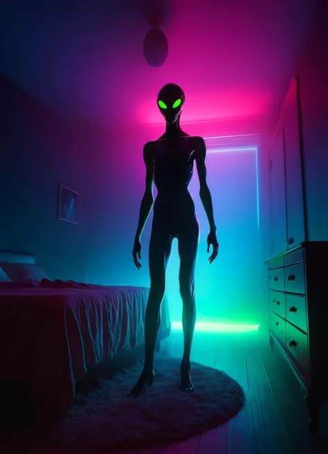 alien woman standing in a room with a bed and a neon light