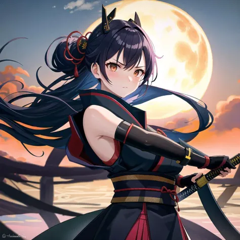 a woman with long hair holding a sword in front of a full moon