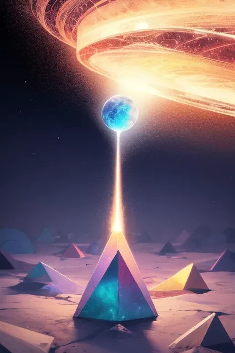 a digital painting of a pyramid with a planet in the middle