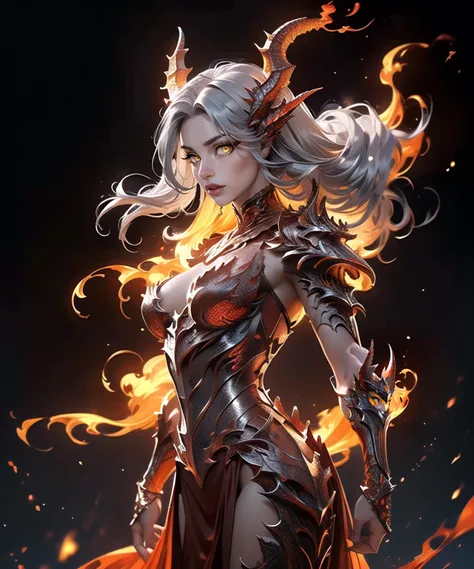 woman in her 20s, fireman, (perfect face), defined jawline, beautiful lips, (beautiful bright yellow eyes), (long flowing silver hair), (sexy), goat horns, (detailed red scaly skin), (intricate red scaly dragon armor), looking at viewer, (medium shot photo...