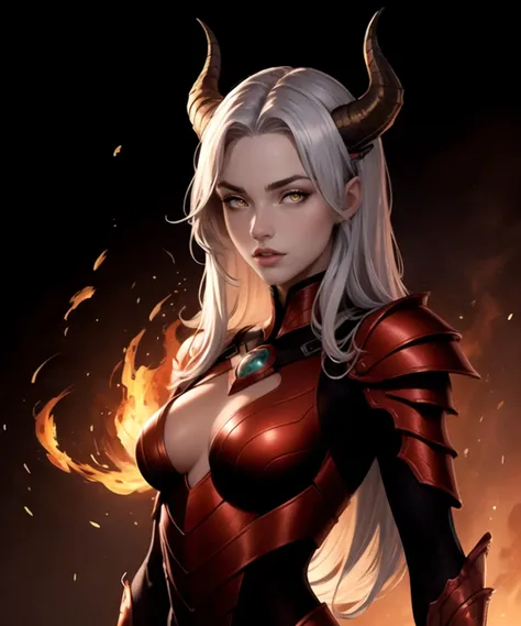 lizard girl hybrid, yellow eyes, (long flowing silver hair), (sexy), goat horns, (detailed red scaly skin), (intricate red scaly dragon armor), looking at viewer, (medium shot photograph), (dark flaming background), realistic