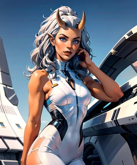 woman in her 20s, (perfect face), defined jawline, beautiful lips, (beautiful bright blue eyes), (long wavy bouncy silver hair), (orange skin:1.2), (perfect anatomy), (athletic body), (sexy), (perfect hands), (oni horns), (white futuristic sleeveless body ...