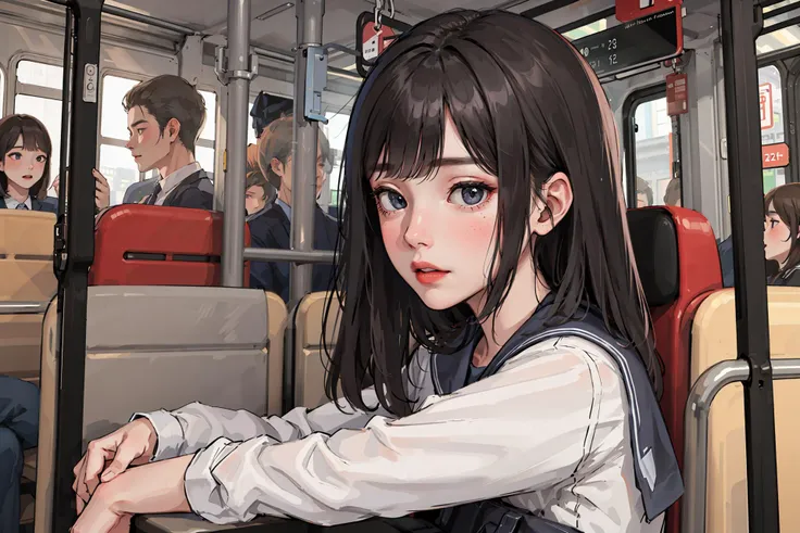 anime girl sitting on a bus with her hands on her knees