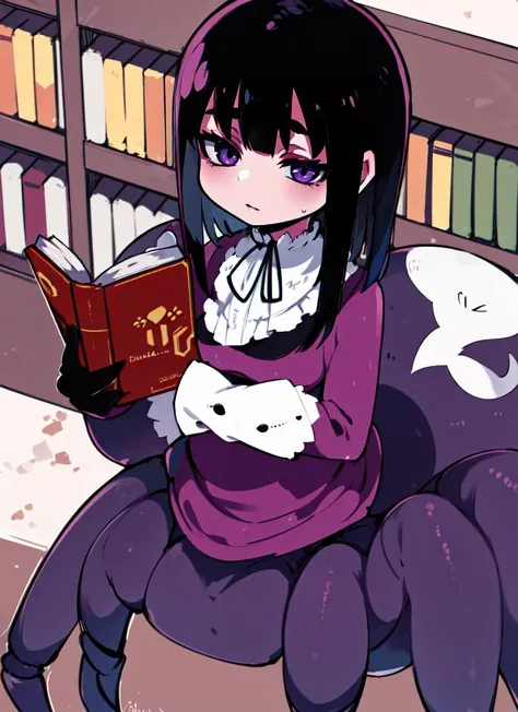 anime girl sitting on a chair reading a book in a library