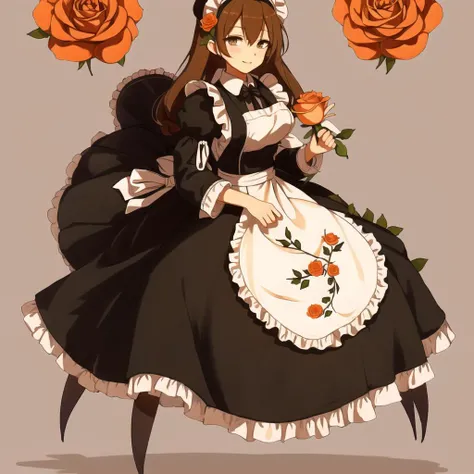 <lora:arachne-1_arachne-2--retro_ham_avas_jun_rifl--09-01:1.2>, 

(arachne:1.2),

 full body, 

1girl, apron, bangs, black dress, brown hair, closed mouth, collared dress, dress, fingernails, flower, frilled apron, frills, grey eyes, highres, holding, hold...