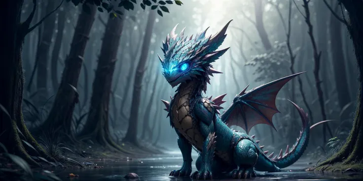 a dragon with blue eyes sitting in the middle of a forest