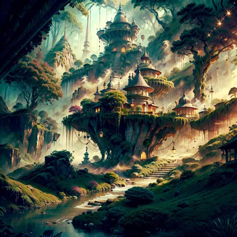 a painting of a fantasy castle in the middle of a forest