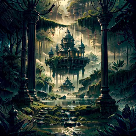 a painting of a castle in the middle of a forest