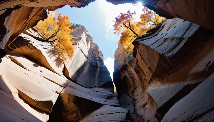 (masterpiece, best quality, highres, realistic), photo by Melissa Stemmer, An amazing wide-angle view looking up and out of this overhanging sandstone canyon in Autumn., copy space, design template, <lora:melissa-stemmer:1>