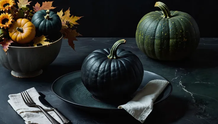 (masterpiece, best quality, highres, realistic), photo by Melissa Stemmer, Autumnal table setting with napkin and black pumpkin placed on ceramic bowl near green pumpkins against dark surface, <lora:melissa-stemmer:1>