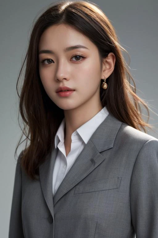 a woman in a gray suit and white shirt