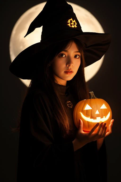 a woman in a witch costume holding a pumpkin in front of a full moon