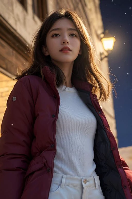 a woman in a red jacket and white pants standing in front of a building