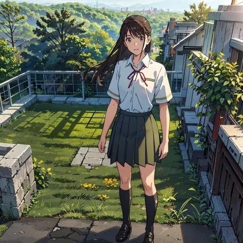 <lora:suzume:0.7>,suzu_me, 1 girl, solo, (standing), full body, brown eyes, black hair, hairclip, single drill, red ribbon, short sleeves school uniform,(green school skirt), outdoors,(light rays:1.2),(sun:1.2),(blue sky:1.1), (cityscape:1.2),lawn,trees,fr...