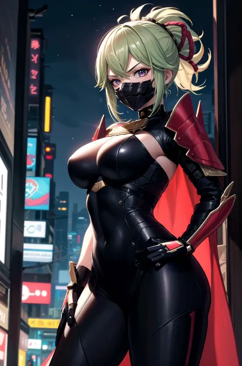 (masterpiece, best quality, detailed), 1girl, solo, KShinobuV4, 
armor, breastplate, shoulder armor, gloves, armored dress, cape, outdoors, cyberpunk, city, night, city lights, neon lights, arms on hips, serious, science fiction, mask, mouth mask, ninja ma...