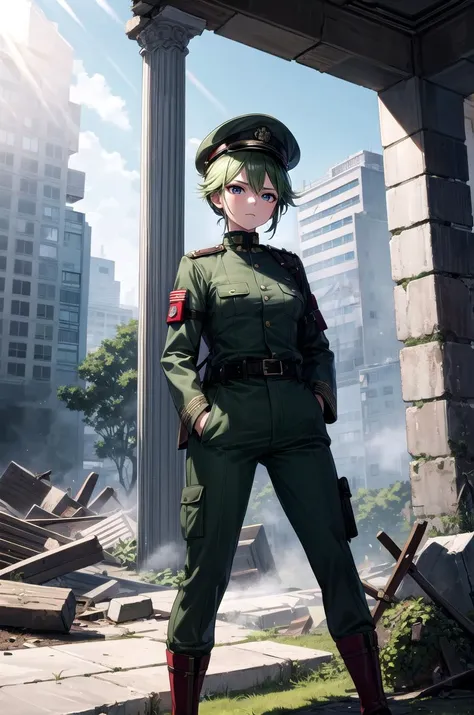 (masterpiece, best quality, detailed), 1girl, solo, KShinobuV4, 
military uniform, military, soldier, metal, military hat, green jacket, belt, green pants, camouflage, ruins, overgrown, rubble, pillar, outdoors, building, light rays, fog, hands in pockets,...