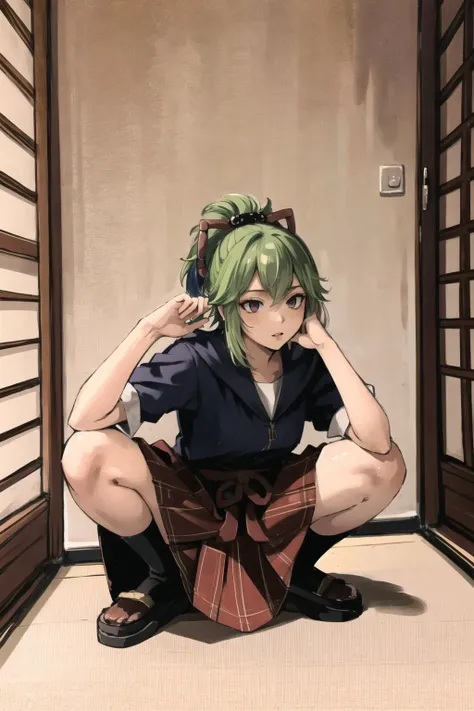 a woman with green hair and a skirt crouches down in front of a door