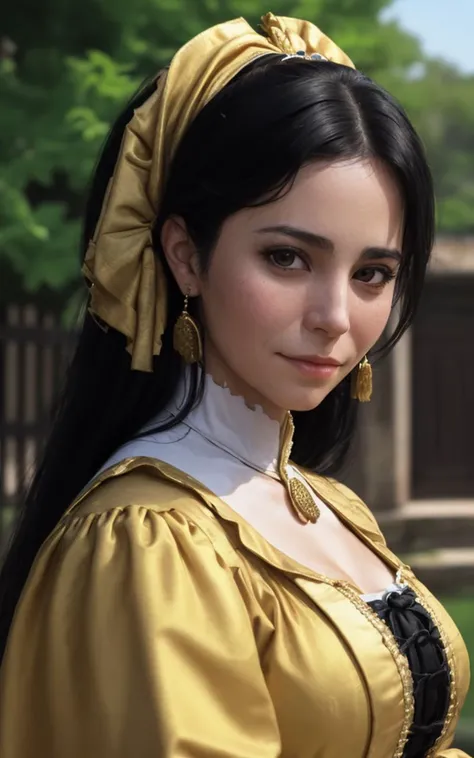 waist up closeup of mthgrd wearing a colonial golden dress, colonial mexico outdoors, smug expression, black hairdo, realistic, <lyco:MtHgrd_v3_locon_64_64: 1.0>