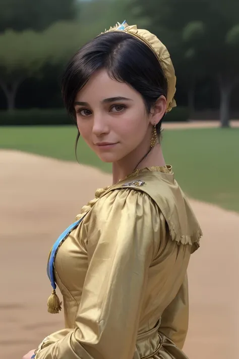 closeup of mthgrd wearing a [golden] colonial dress, colonial mexico outdoors, smug expression, short hairdo, realistic, <lora:MtHgrd_v4_locon_64_64:1>