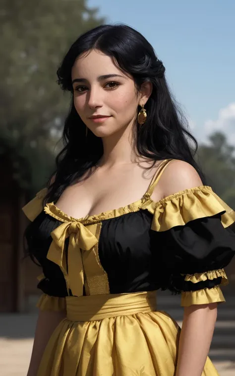 waist up closeup of mthgrd wearing a colonial golden dress, colonial mexico outdoors, smug expression, black hairdo, realistic, <lyco:MtHgrd_v3_locon_64_64: 1.0>