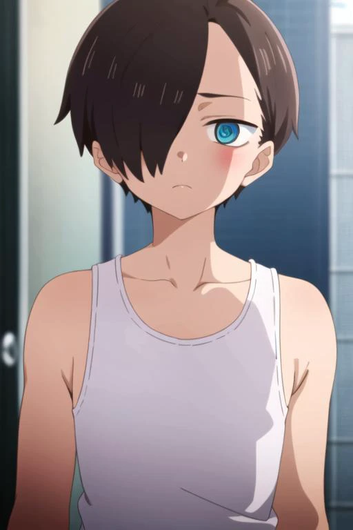 masterpiece, best quality, high quality, 1boy, solo, male focus, looking at viewer, upper body, <lora:kyoutarou_ichikawa:0.78>, kyoutarou_ichikawa, blue eyes, hair over one eye, brown hair, , tank top