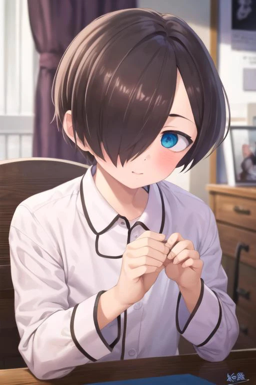 masterpiece, best quality, high quality, 1boy, solo, male focus, looking at viewer, upper body, <lora:kyoutarou_ichikawa:0.72>, kyoutarou_ichikawa, blue eyes, hair over one eye, brown hair, realistic, pajamas