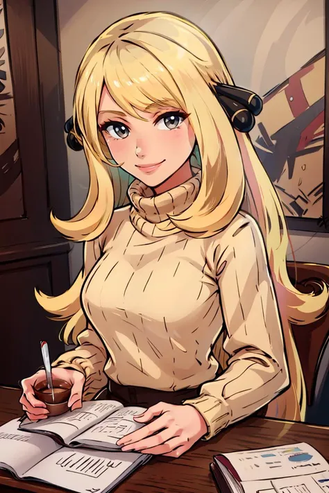 ((masterpiece,best quality)), absurdres, <lora:Cynthia_Pokemon:0.8>, Cynthia_Pokemon, solo, 1girl,  blonde, long hair, solo, smiling, looking at viewer, cowboy shot turtleneck sweater, earrings, library, cup of coffee, sitting at table