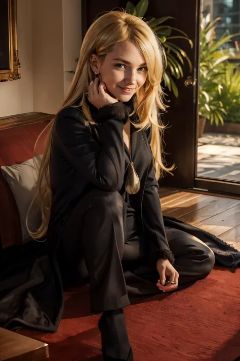 arafed woman sitting on a red couch in a black suit