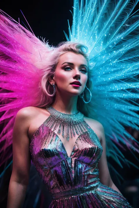 MarilynM_SoloTI_v1,
(A vibrant kaleidoscope of colors, with a flowing asymmetrical dress adorned with sequins and feathers, for a mesmerizing and captivating visual feast:1.1), ((In a contemporary art gallery, with avant-garde installations and interactive...