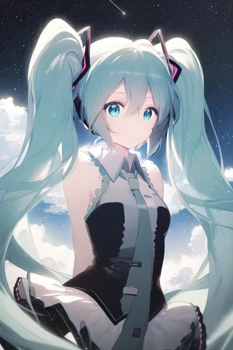 1girl,best quality,masterpiece,anime,hatsune_miku,twintails,starry sky,aqua eyes,(arms behind back),upper body <lora:rella-style-000010:1>