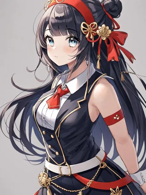 a close up of a woman in a uniform with a red bow