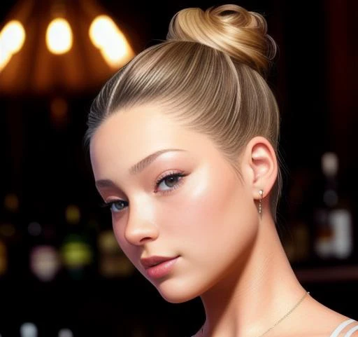 portrait photo of pdmclara beautiful woman hair updo upsweep nightclub sitting at bar (masterpiece) (best quality) (detailed) (8k) (HDR) (wallpaper) (cinematic lighting) (sharp focus) (intricate)