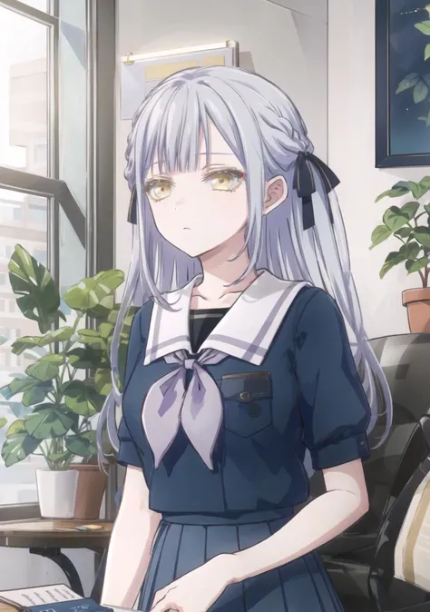 <lora:MUTOU:0.7>,expressionless,1girl,day,looking at viewer,neckerchief,notebook,plant,pleated skirt,plectrum,potted plant,window,light purple hair,yellow eyes,<lora:togawasakiko9:0.6>,side braids,hair ribbon,