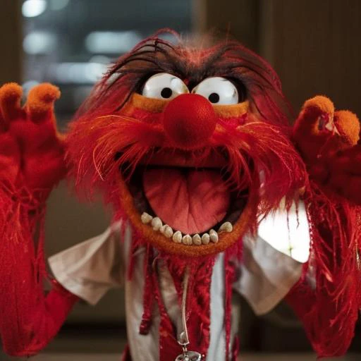 a close up of a puppet with a red face and a red scarf