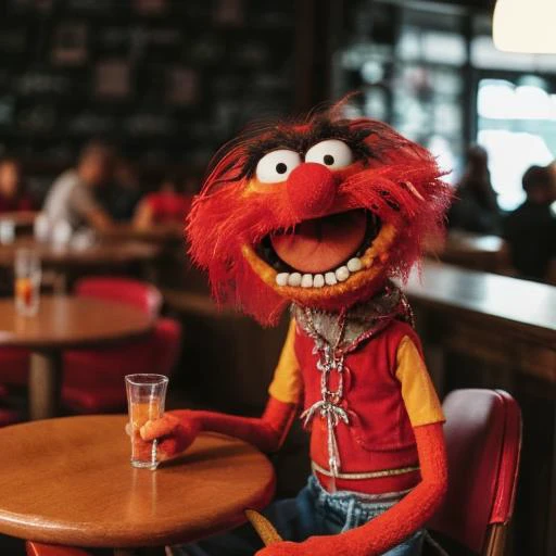 a close up of a puppet sitting at a table with a glass of water